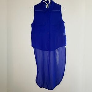 Women's Top Blue Medium Sheer Festival Cowgirl Sleeveless High Low Buttoned